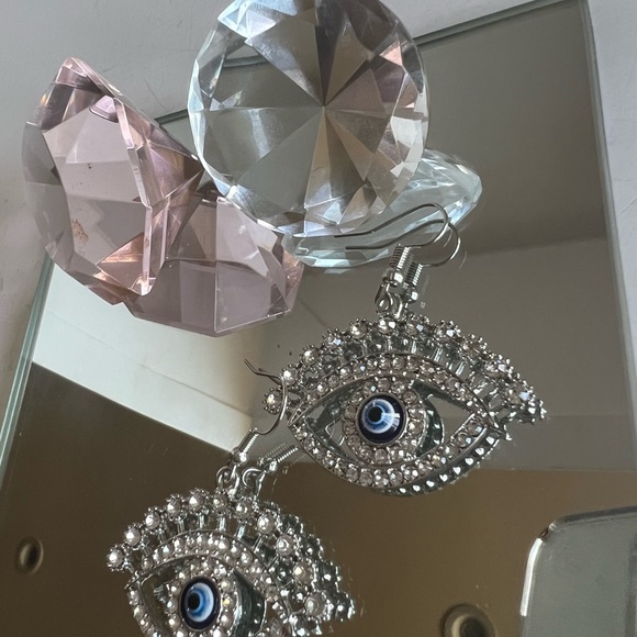 Silver rhinestone evil eye dangle drop chandelier earrings - Picture 9 of 10